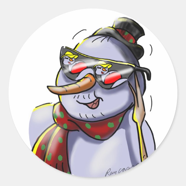 SnOwMaN WiTh SuNgLaSSes Classic Round Sticker (Front)