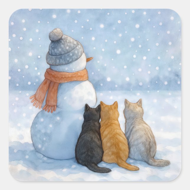 Snowman With Three Cats In a Snowy Field Square Sticker (Front)
