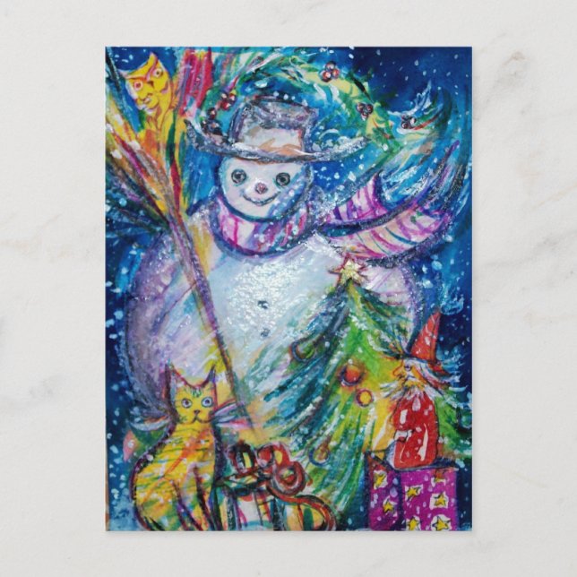 SNOWMAN WITH TOYS, white blue yellow Postcard (Front)