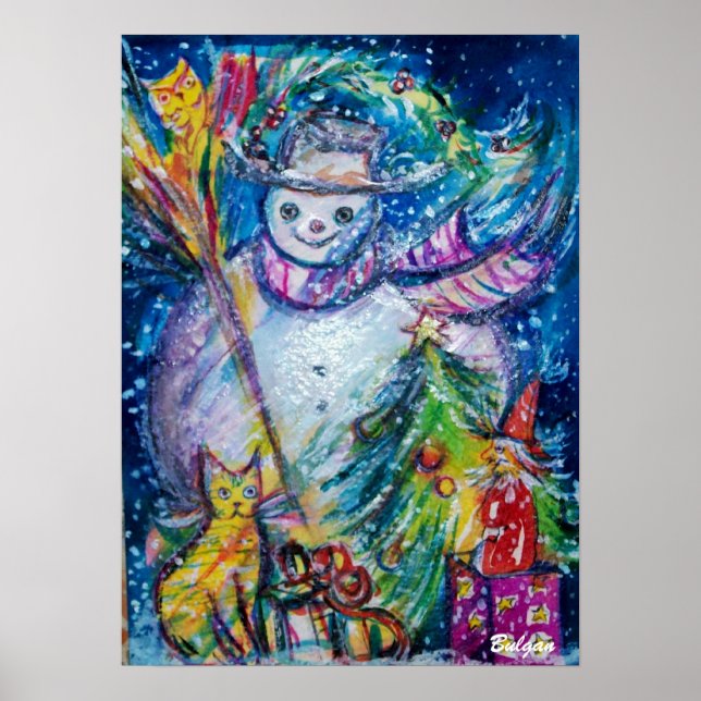 SNOWMAN WITH TOYS, white blue yellow Poster (Front)