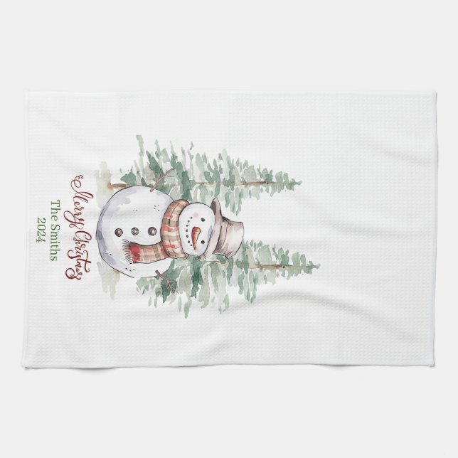 Snowman with Trees Personalised Kitchen Towel (Horizontal)