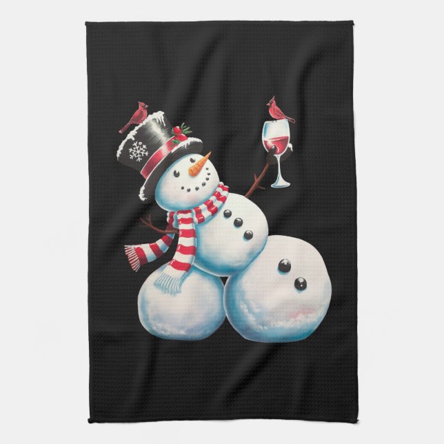 Snowman With Wine Christmas Funny Xmas Gift Tea Towel (Vertical)