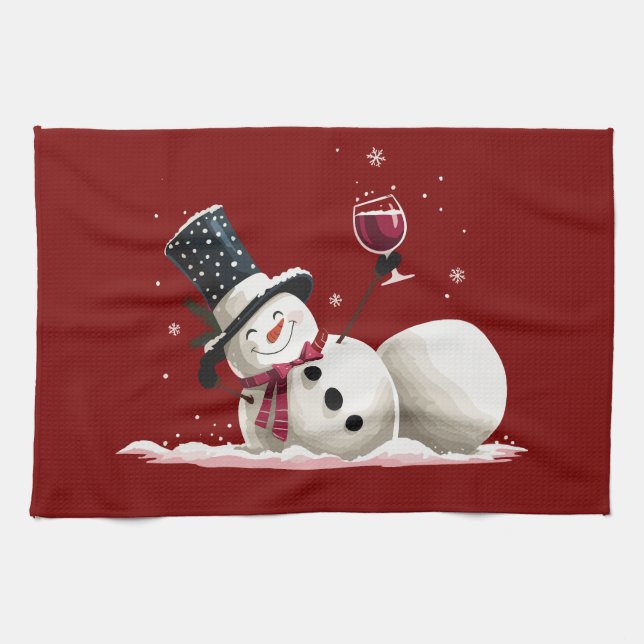 Snowman With Wine Christmas Gift Xmas Holiday  Tea Towel (Horizontal)