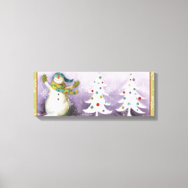 Snowman with Winter Mittens and Christmas Trees Canvas Print (Front)
