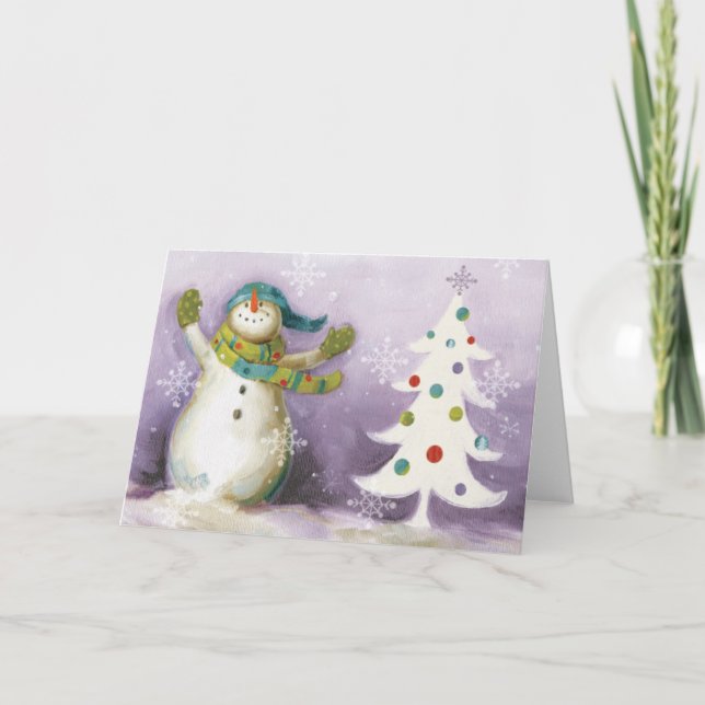 Snowman with Winter Mittens and Christmas Trees Holiday Card (Front)