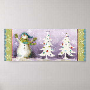 Snowman with Winter Mittens and Christmas Trees Poster