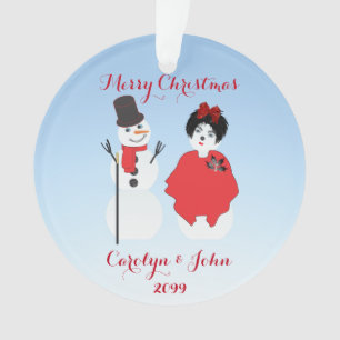 Snowman & Woman Dressed To Party Christmas Ornament