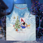 Snowman Woodland Forest Monogram Name Christmas  Apron<br><div class="desc">"Snowman Woodland Forest Monogram Name Christmas All Over Print Apron." Your family name and monogram initial are easily replaced in the template field to customised for your family or as a gift. Lovely dreamy snowfall forest background is perfect for the holiday & Christmas season. An adorable snowman is decorating a...</div>