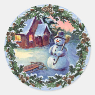 SNOWMAN & WREATH by SHARON SHARPE Classic Round Sticker