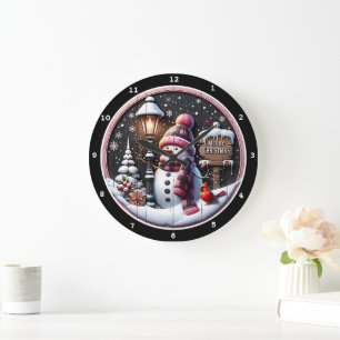 Snowman's Cosy Night" - Festive Black Christmas  Large Clock