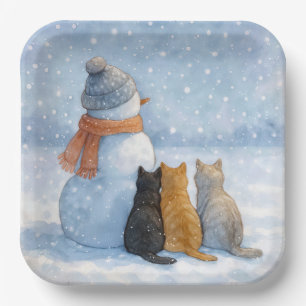 Snowmen and Cats In a Snowy Field Paper Plate