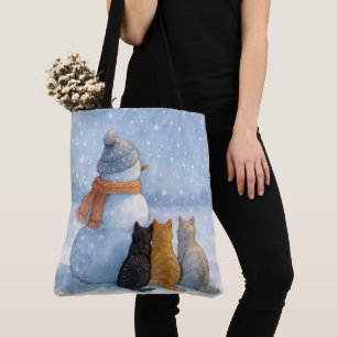 Snowmen and Cats In a Snowy Field Tote Bag