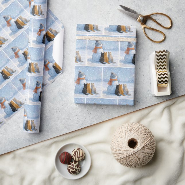 Snowmen and Cats In a Snowy Field Wrapping Paper (Crafts)