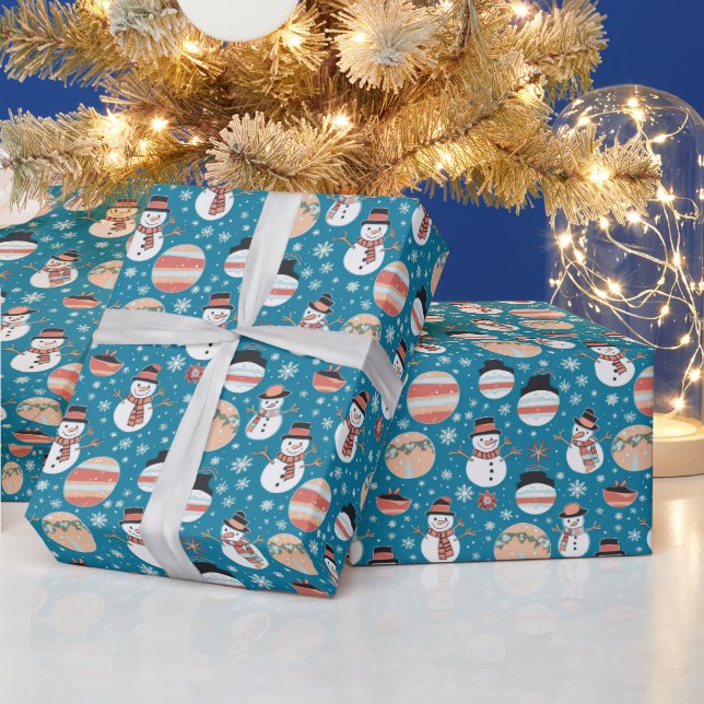 Snowmen and Christmas Ornaments Blue Christmas Wrapping Paper (Holidays)