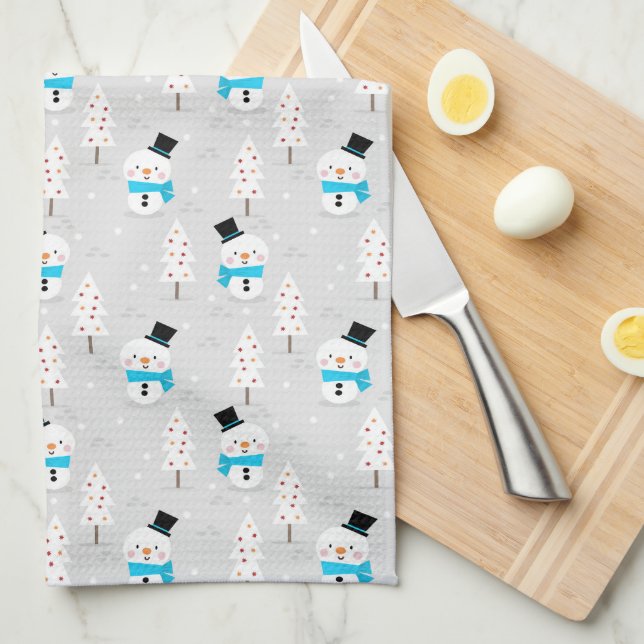 Snowmen and Christmas Trees  Tea Towel (Quarter Fold)