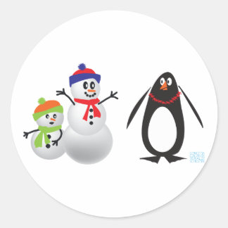 Snowmen and Penguin Classic Round Sticker