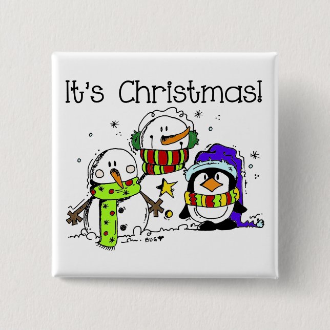 Snowmen and Penguins It's Christmas 15 Cm Square Badge (Front)