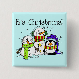 Snowmen and Penguins It's Christmas 15 Cm Square Badge