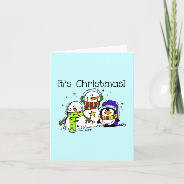 Snowmen and Penguins It's Christmas Holiday Card (Front)