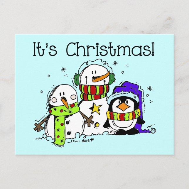 Snowmen and Penguins It's Christmas Holiday Postcard (Front)