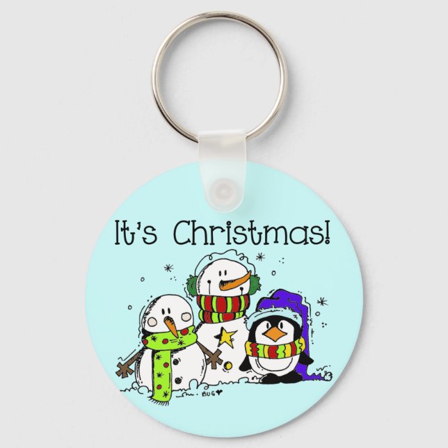 Snowmen and Penguins It's Christmas Key Ring (Front)