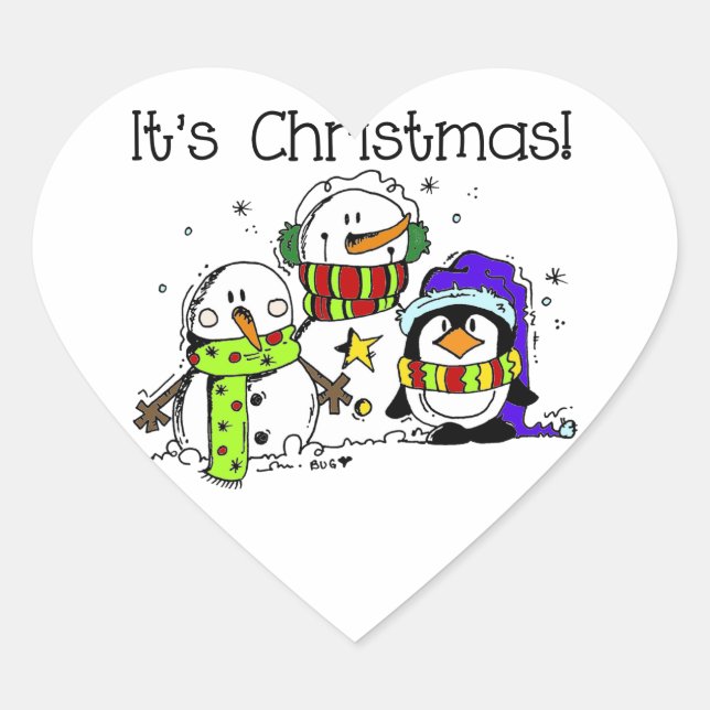 Snowmen and Penguins It's Christmas Winter Festive Heart Sticker (Front)