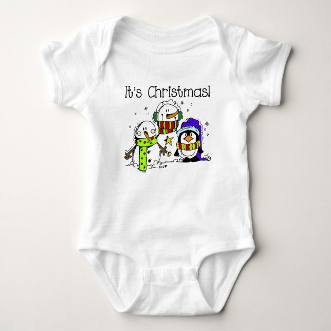 Snowmen and Penguins Winter Holidays Christmas Baby Bodysuit (Front)