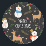 Snowmen and Reindeer Christmas Classic Round Sticker<br><div class="desc">Cute christmas pattern design with hand drawn nature symbols snowmen,  reindeer,  holly,  snow, </div>