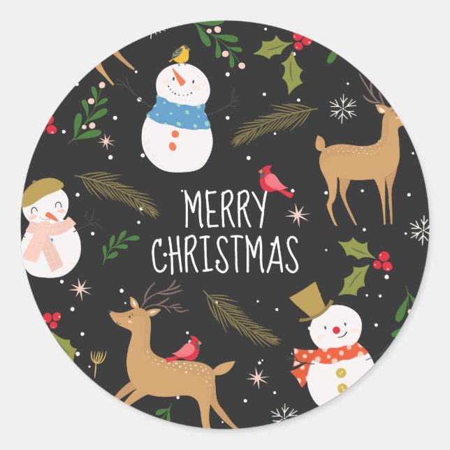 Snowmen and Reindeer Christmas Classic Round Sticker (Front)
