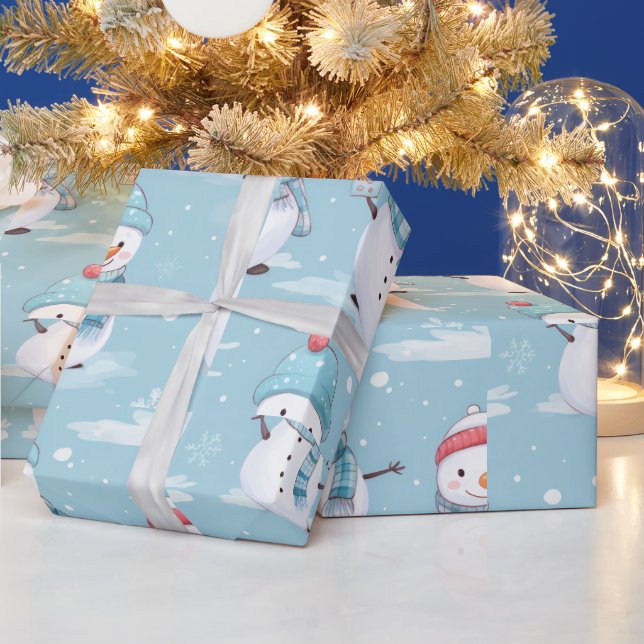 Snowmen and Snowflakes Blue White Modern Christmas Wrapping Paper (Holidays)
