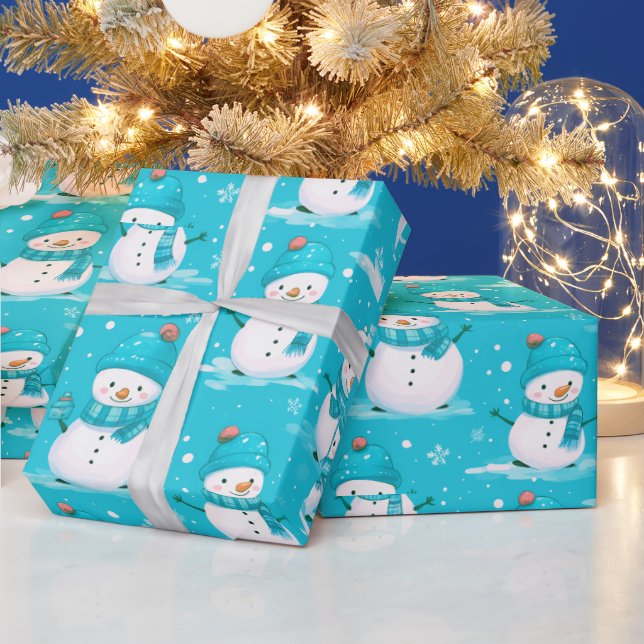 Snowmen and Snowflakes Blue White Modern Christmas Wrapping Paper (Holidays)