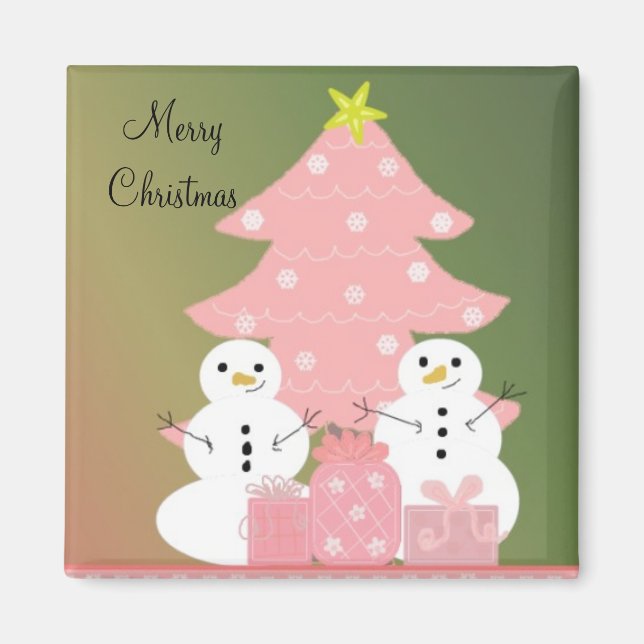 Snowmen by a Pink Christmas Tree Magnet (Front)