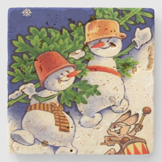 Snowmen Christmas Tree Drumming Rabbit Stone Coaster (Front)