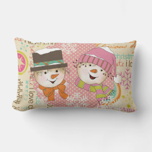 Snowmen Couple Dots and Typography Holiday Pillow