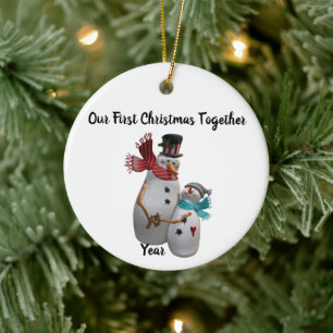 Snowmen couple hugging winter snowmen personalised ceramic tree decoration