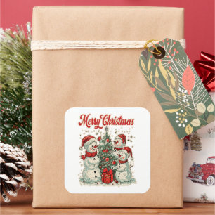 Snowmen Decorating Christmas Tree Square Sticker