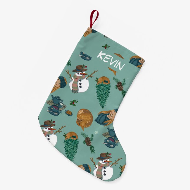 Snowmen, deer, cookies. Custom with the name. Small Christmas Stocking (Front (Hanging))