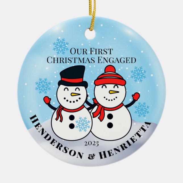 Snowmen First Christmas Engaged Ceramic Tree Decoration (Front)