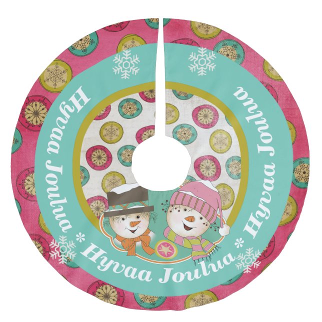 Snowmen Hyvaa Joulua Holiday Tree Skirt (Front)