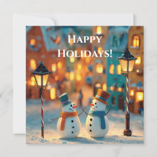 Snowmen in a Magical, Colorful Christmas Village Holiday Card