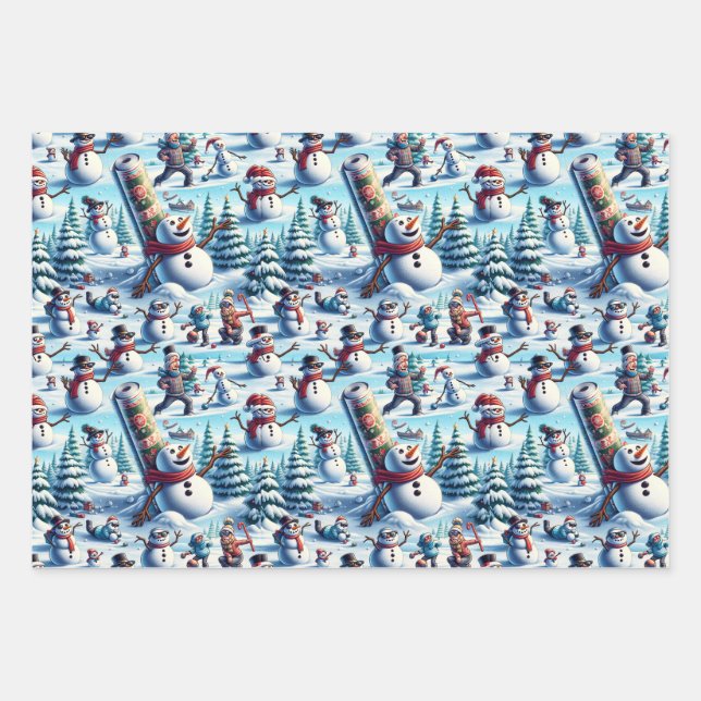 Snowmen in Various Amusing Scenarios Wrapping Paper Sheet (Front)