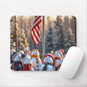 Snowmen Looking Up at USA Flag Mouse Pad