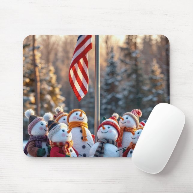 Snowmen Looking Up at USA Flag Mouse Pad (With Mouse)