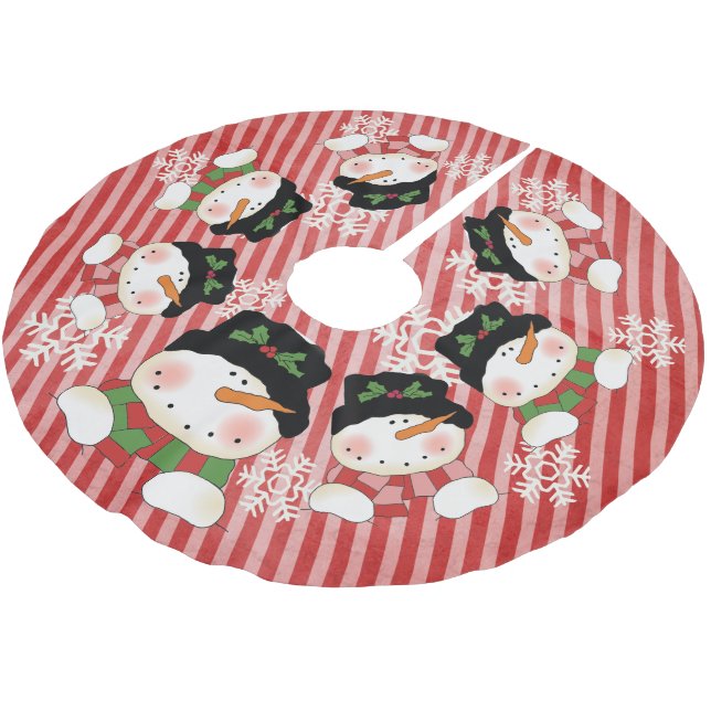Snowmen on Vintage Stripe Holiday Tree Skirt (Angled)