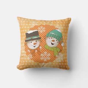 Snowmen Orange Dots and Snowflakes Holiday Pillow