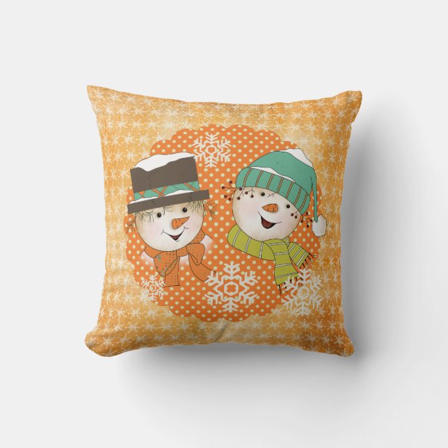 Snowmen Orange Dots and Snowflakes Holiday Pillow (Front)