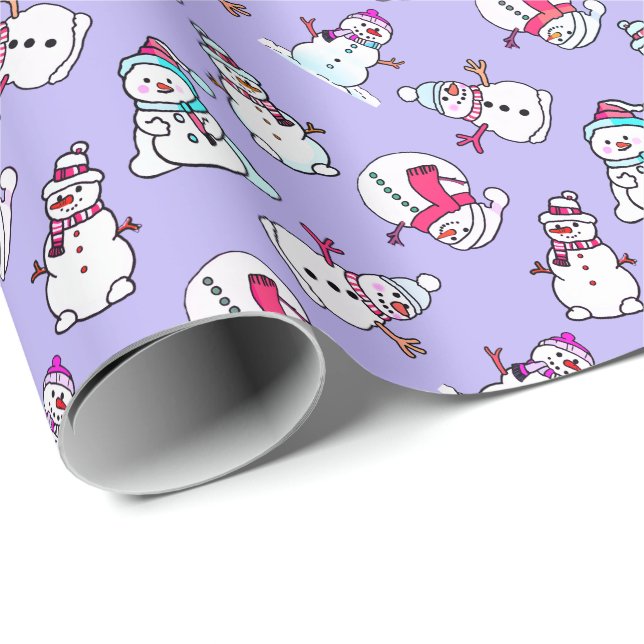 Snowmen Pattern | Cute Girly Lilac Christmas Wrapping Paper (Roll Corner)