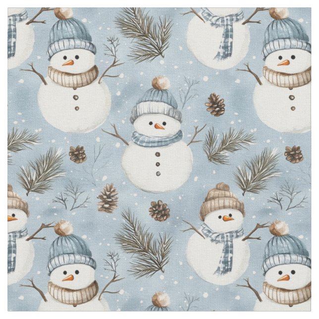 Snowmen & Pinecones on Blue Fabric (Close Up)