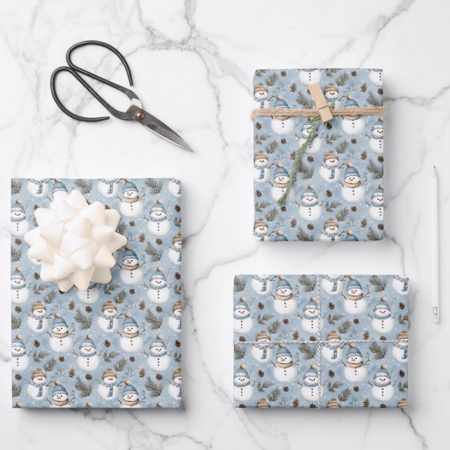 Snowmen & Pinecones on Snowy Blue Wrapping Paper Sheet (Front)