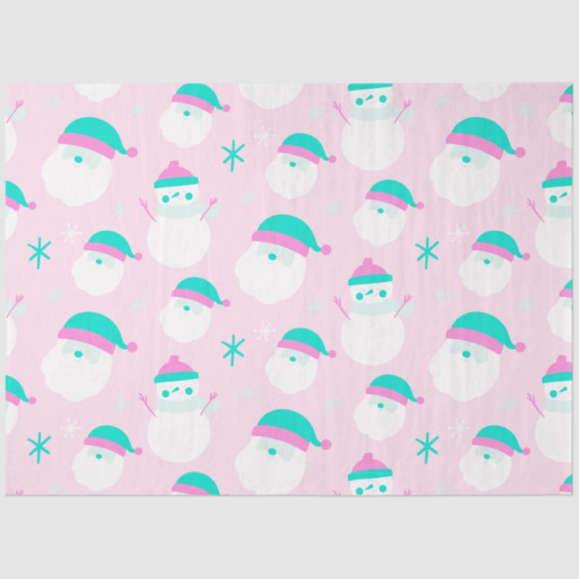 Snowmen Santa Snowflakes Pink Green Christmas Tissue Paper (Front)
